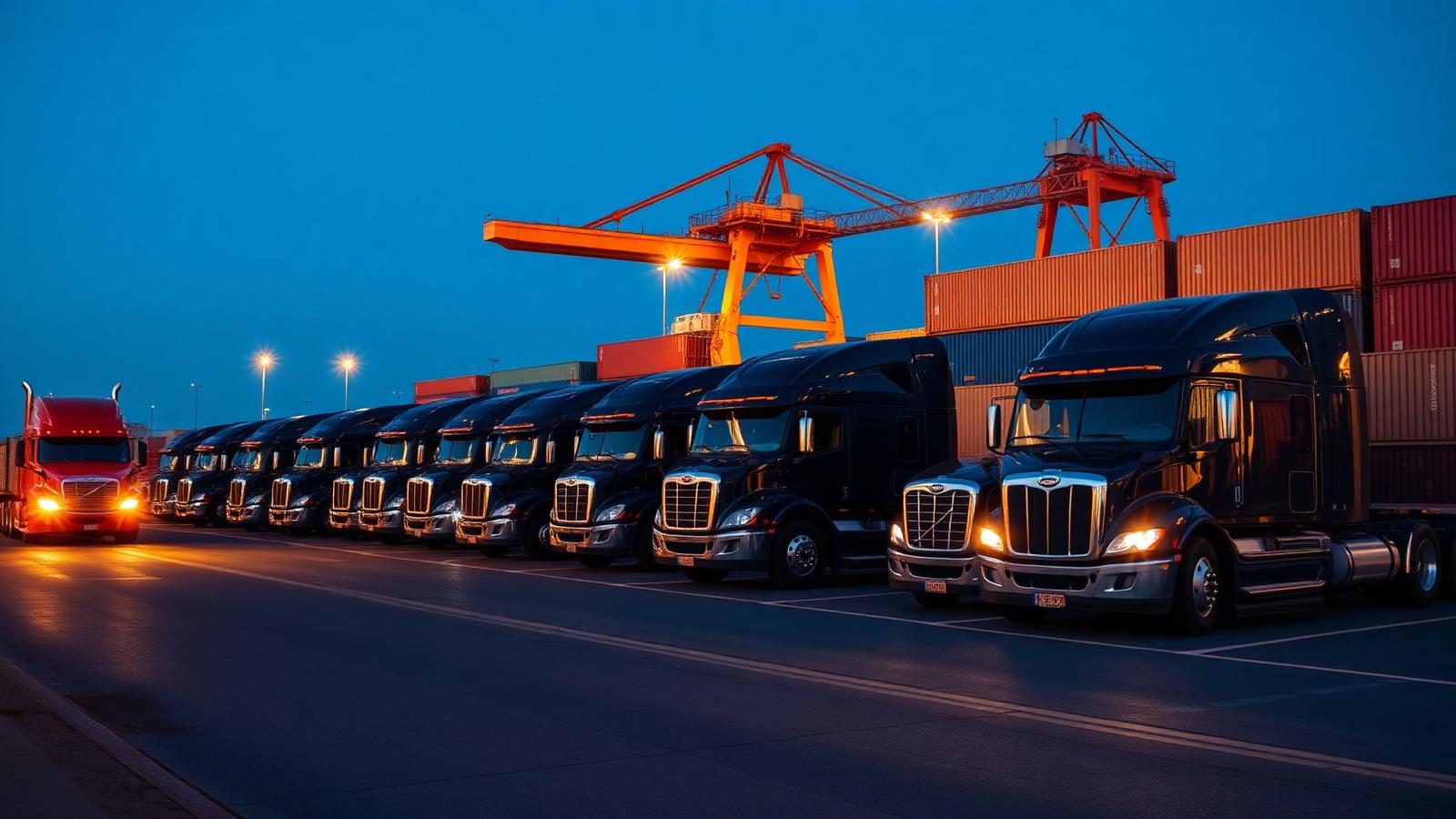 Flotte de poids lourds sur un terminal rail-route au crépuscule